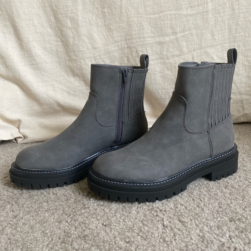 Grey leather ankle boots